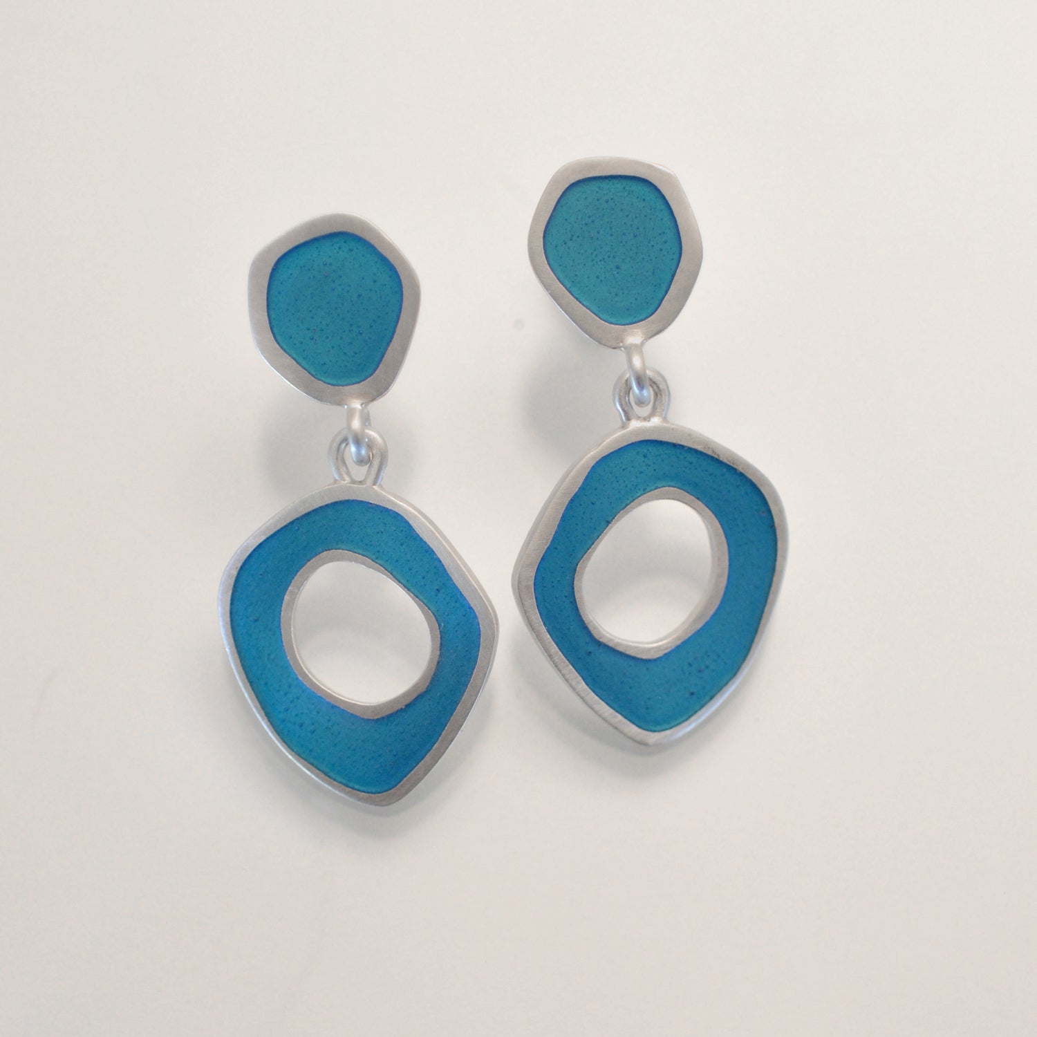 NEW Flat Boulder stud drop. Blue turquoise enamel sterling silver earrings