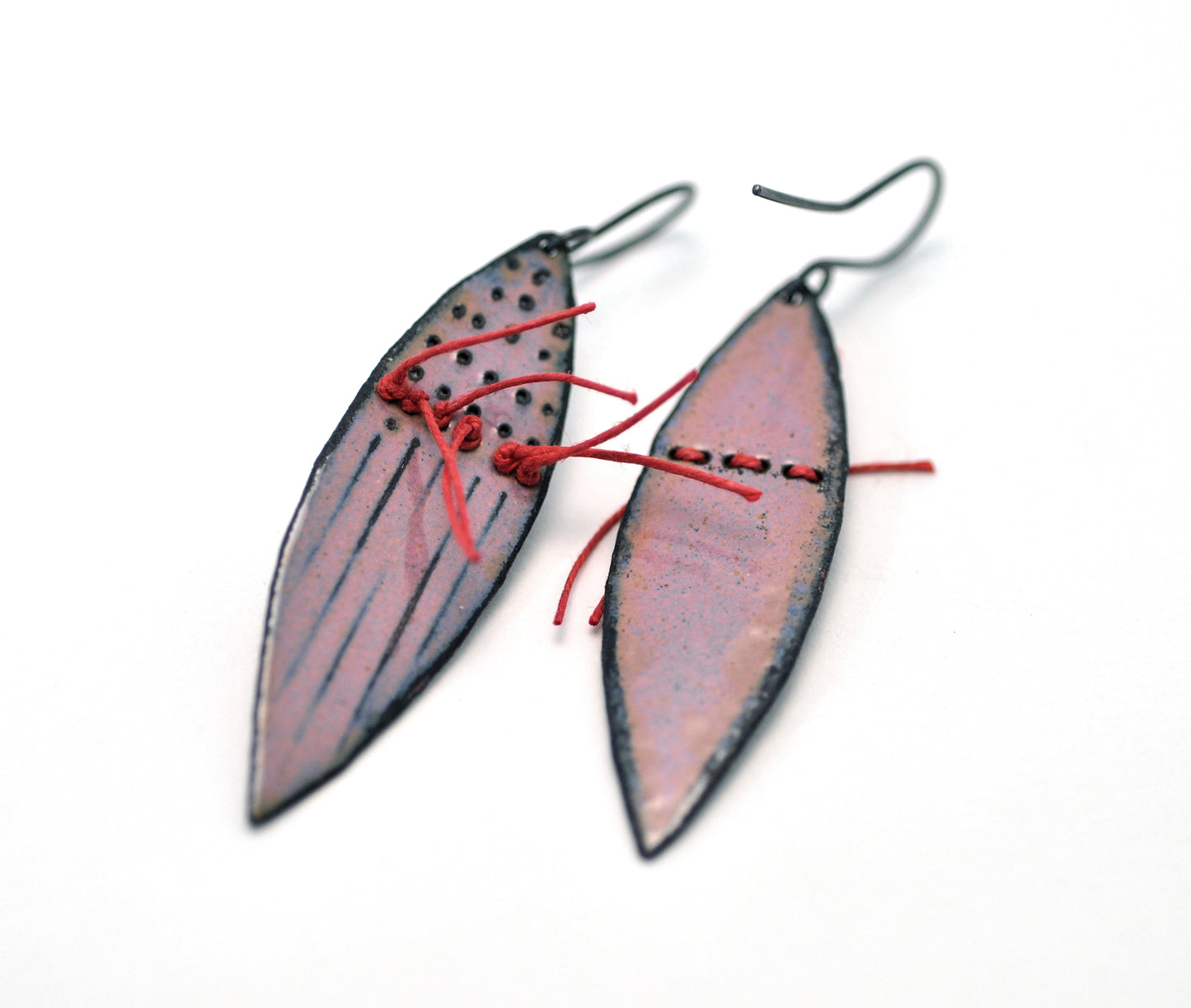 Pink earrings with red linen thread