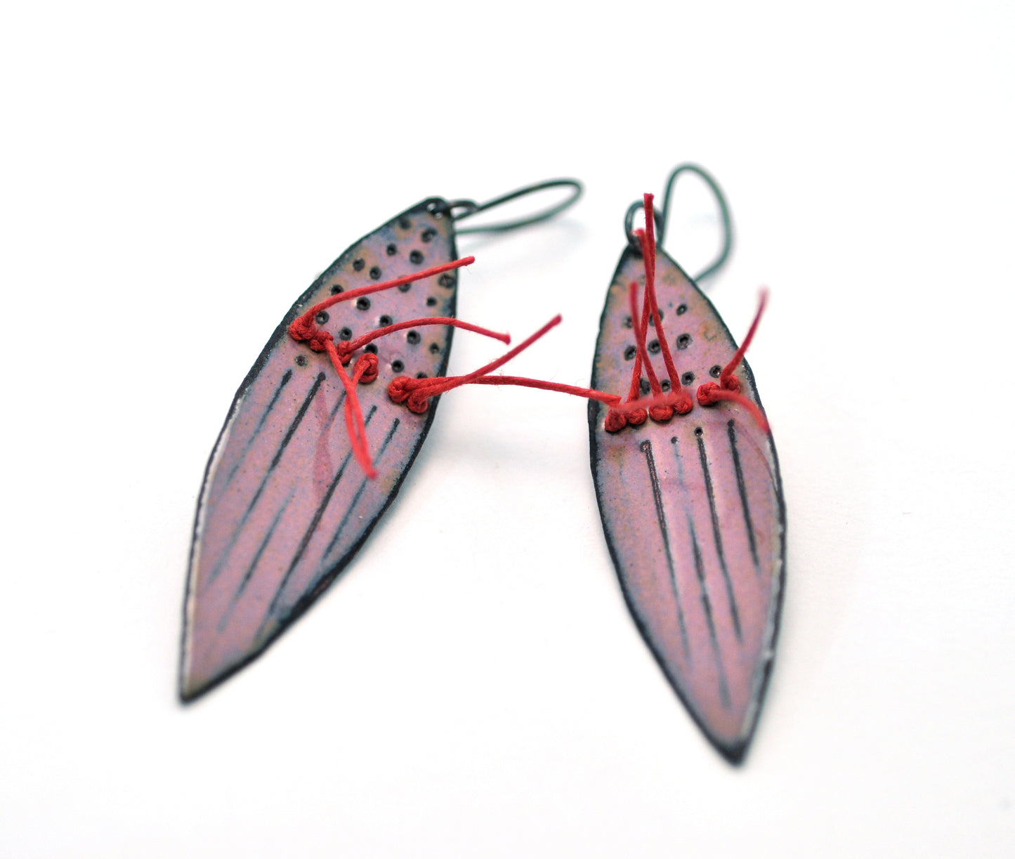 Pink earrings with red linen thread