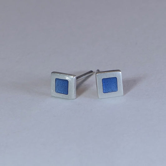 Tiny sterling silver square stud earrings, grey blue