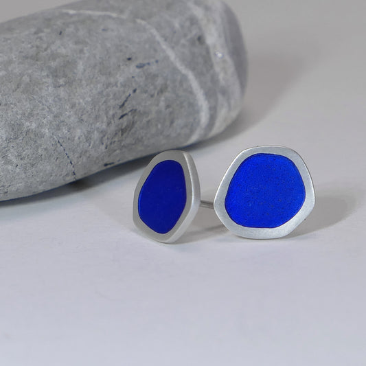 'Flat-boulder' ear studs, mid-blue vitreous enamel