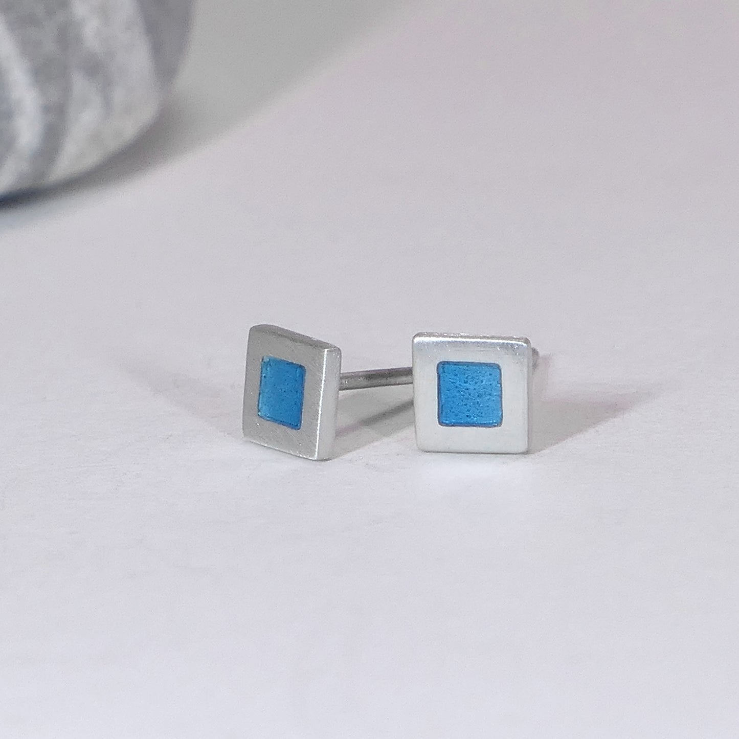 Tiny sterling silver square stud earrings, light-blue turquoise