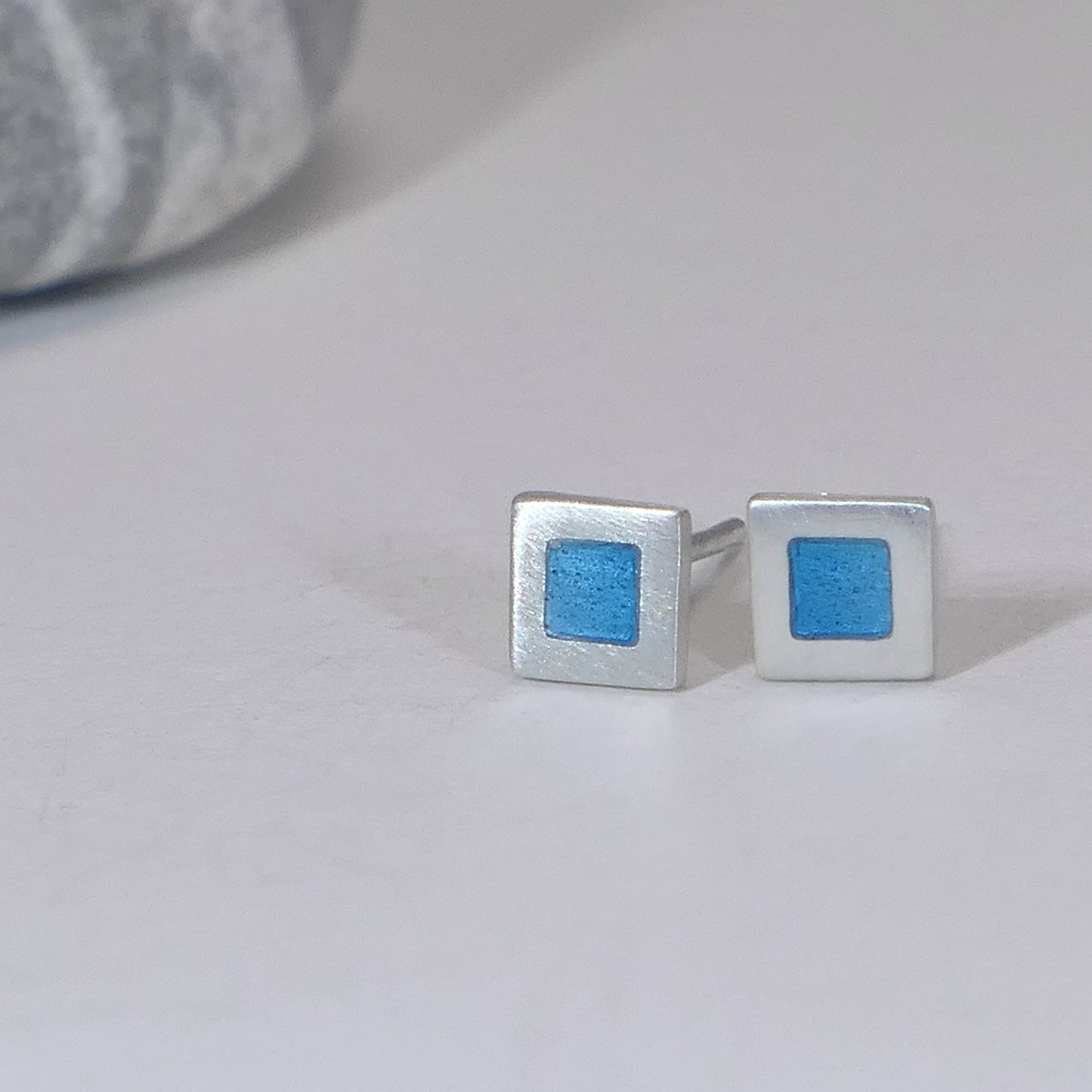 Tiny sterling silver square stud earrings, light-blue turquoise