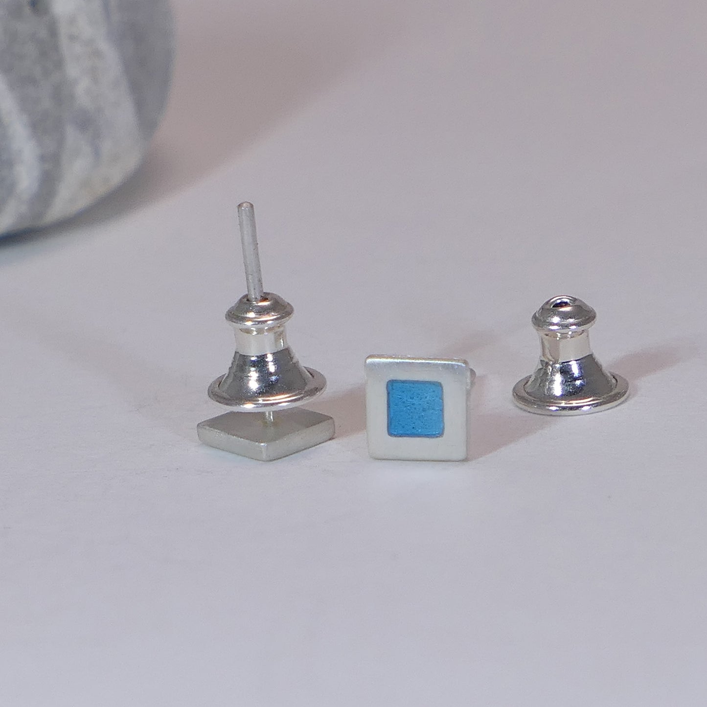 Tiny sterling silver square stud earrings, light-blue turquoise