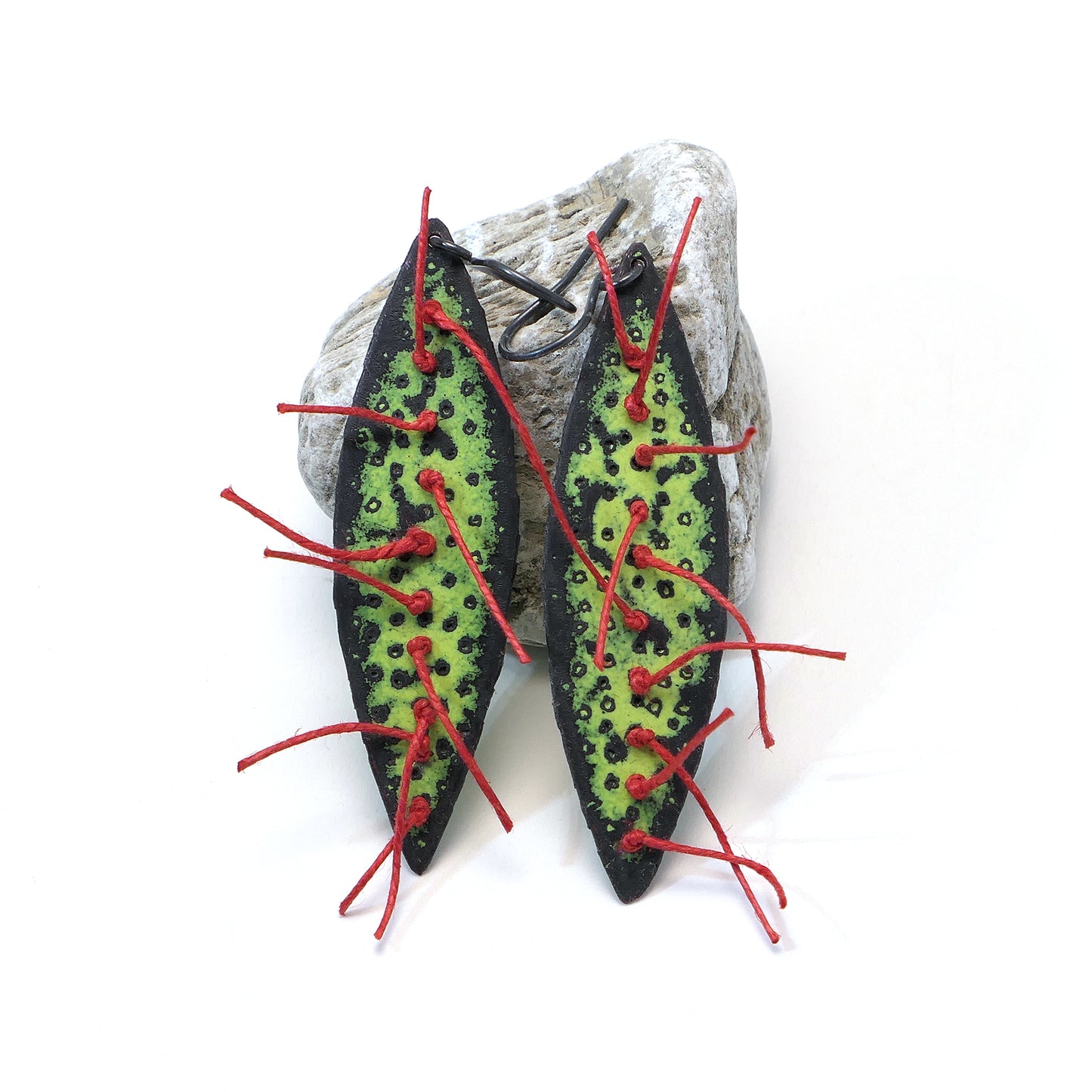 Earrings, Lozenge, Lime and Red Linen thread