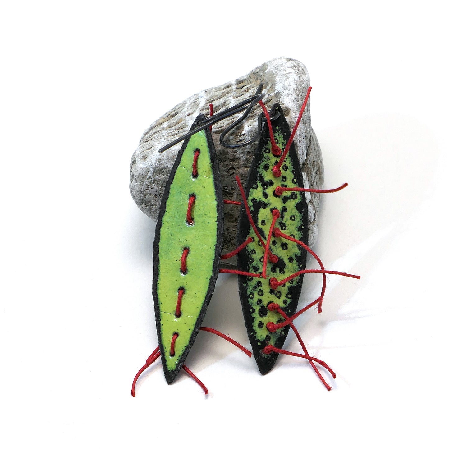 Earrings, Lozenge, Lime and Red Linen thread