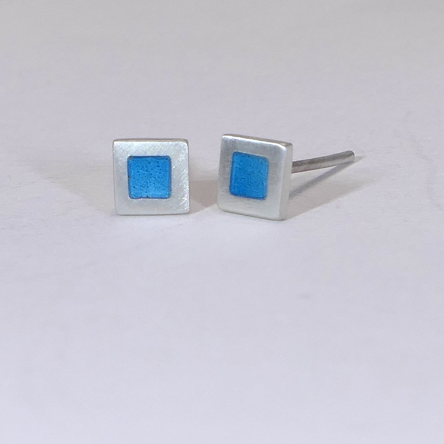 Tiny sterling silver square stud earrings, light-blue turquoise