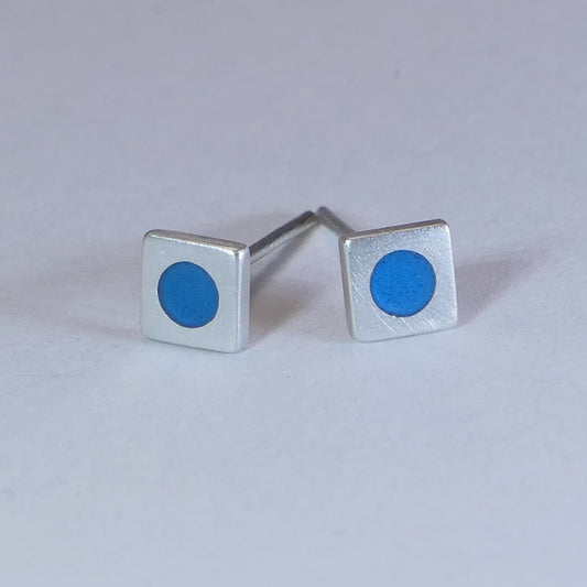 Tiny silver square earrings with blue turquoise enamel