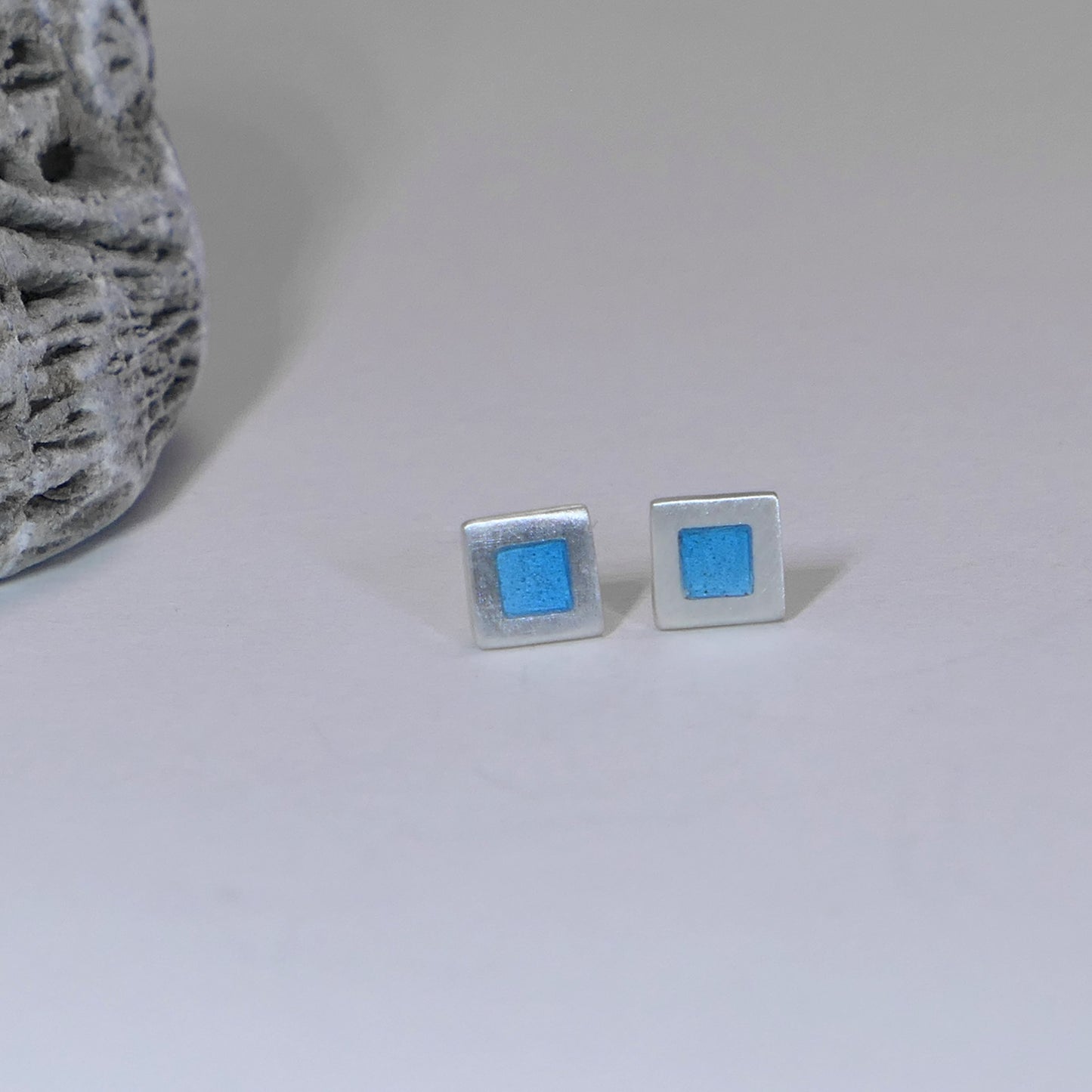 Tiny sterling silver square stud earrings, light-blue turquoise