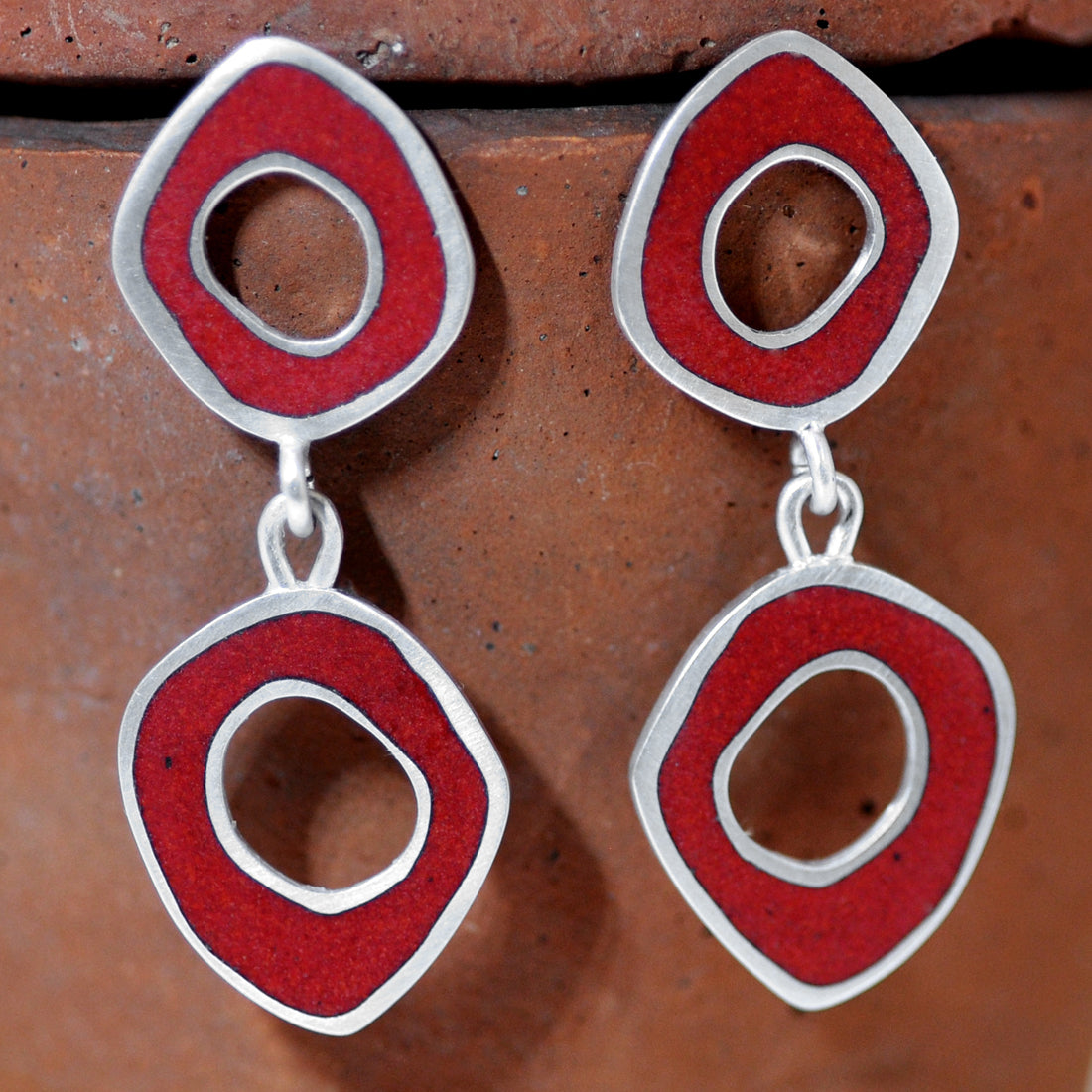 ‘Flat-Boulder’ earrings, double-drop, red